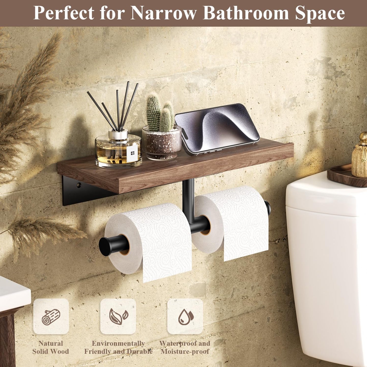Tindbea Toilet Paper Holder with Wood Shelf, Wooden Wall Mount Tissue Paper Roll Holder, Matte Black Stainless Steel Bathroom Accessories Decor Household Home Apartment Restroom Essentials (Walnut)
