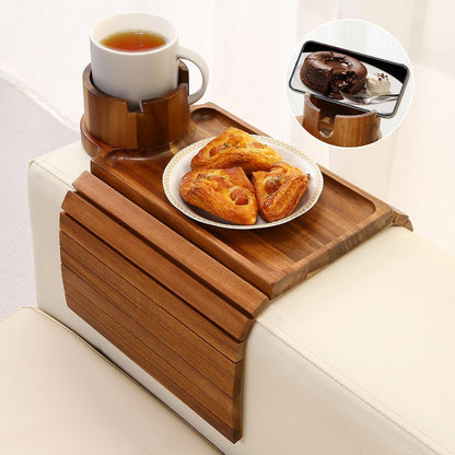 Couch Cup Holder - 3 in 1 Sofa Arm Tray with 360° Rotating Cup Holder & Phone Stand,Arm Chair Rest Table Fits Various of Large Width Couches Armrest,Anti-Slip Foldable Couch Tray for Drinks