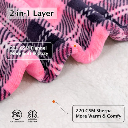 Heated Electric Blanket, Red Christmas Sherpa Plaid Throw Blanket