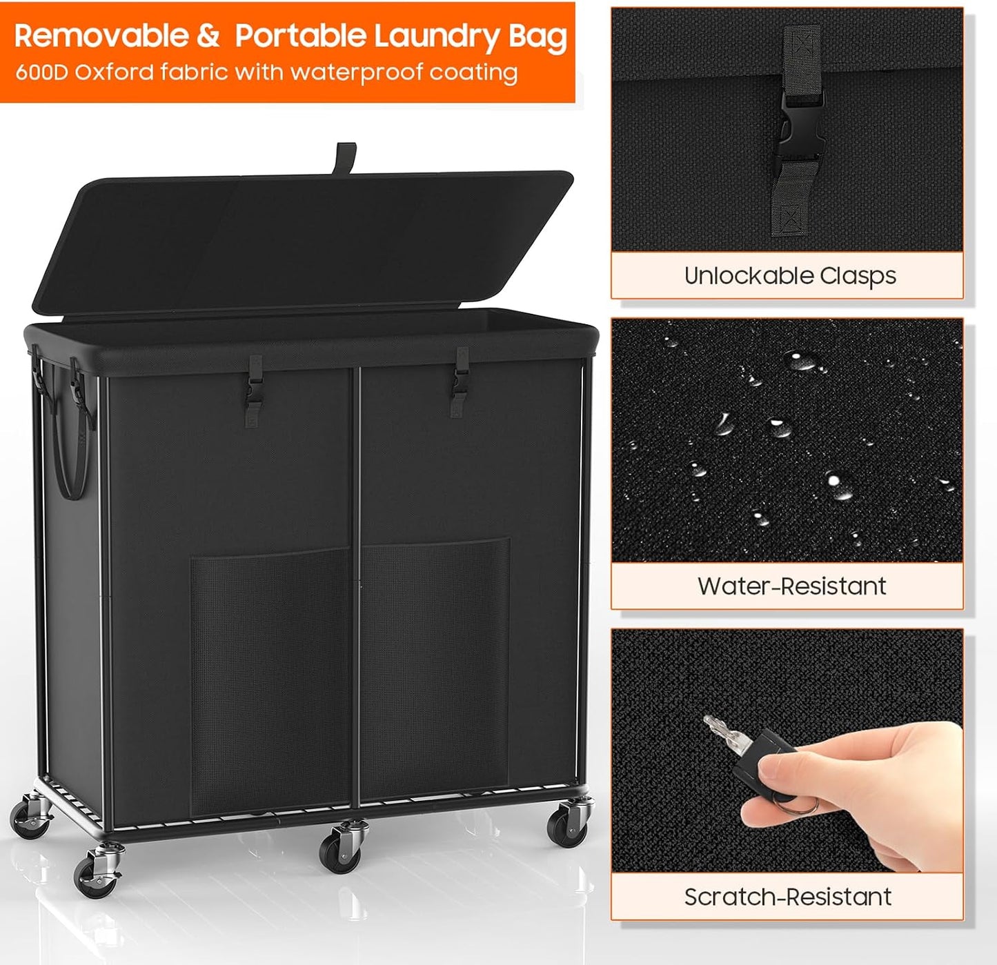 Laundry Hamper with Wheels, 150L Rolling Laundry Basket with Bag & Handles | Sturdy Metal Frame | Removable Bag | Large & Tall Dirty Clothes Hampers for Laundry Room, Bedroom, Dorm, Bathroom-Black
