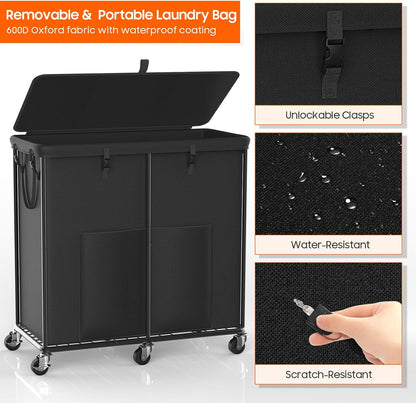 Laundry Hamper with Wheels, 150L Rolling Laundry Basket with Bag & Handles | Sturdy Metal Frame | Removable Bag | Large & Tall Dirty Clothes Hampers for Laundry Room, Bedroom, Dorm, Bathroom-Black