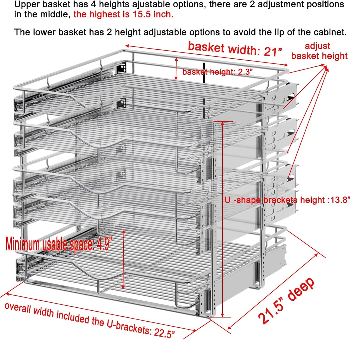 DINDON 2 Tier Pull Out Cabinet Organizer (20" W X 21" D), Double Tier Wire Basket Slide Out Shelf Storage for Kitchen Base Cabinet Organization for Kitchen, Pantry, Bathroom, Chrome