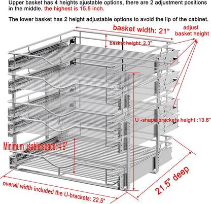 DINDON 2 Tier Pull Out Cabinet Organizer (20" W X 21" D), Double Tier Wire Basket Slide Out Shelf Storage for Kitchen Base Cabinet Organization for Kitchen, Pantry, Bathroom, Chrome
