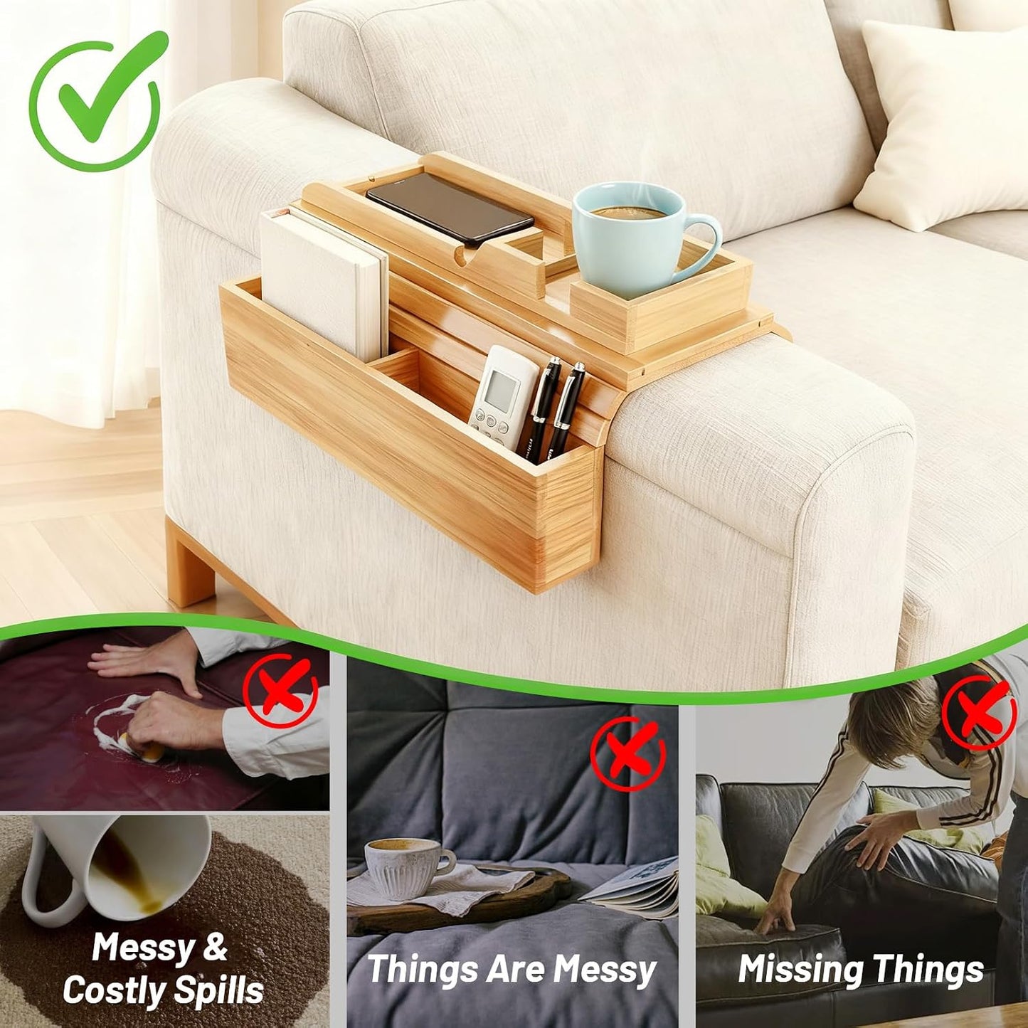 Bamboo Couch Arm Tray Sofa Armrest Tray Cup Holder,2-in-1 Couch Armrest Tray with Slide Detachable Tray,Couch Caddy,Slip Foldable Sofa Table,Phone Stand,Book Holder (Bamboo)