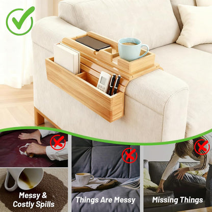 Bamboo Couch Arm Tray Sofa Armrest Tray Cup Holder,2-in-1 Couch Armrest Tray with Slide Detachable Tray,Couch Caddy,Slip Foldable Sofa Table,Phone Stand,Book Holder (Bamboo)
