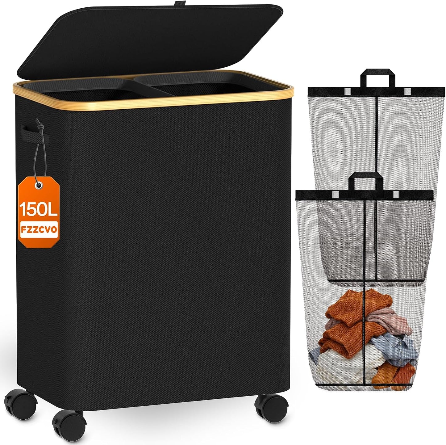 Double Laundry Basket with Wheels and Lid, 150L Clothes Hampers for Laundry | Large Laundry Hamper with 2 Sections & Removable Liner Bags, Rolling Dirty Clothes Basket for Bedroom Bathroom Dorm College