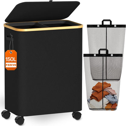 Double Laundry Basket with Wheels and Lid, 150L Clothes Hampers for Laundry | Large Laundry Hamper with 2 Sections & Removable Liner Bags, Rolling Dirty Clothes Basket for Bedroom Bathroom Dorm College