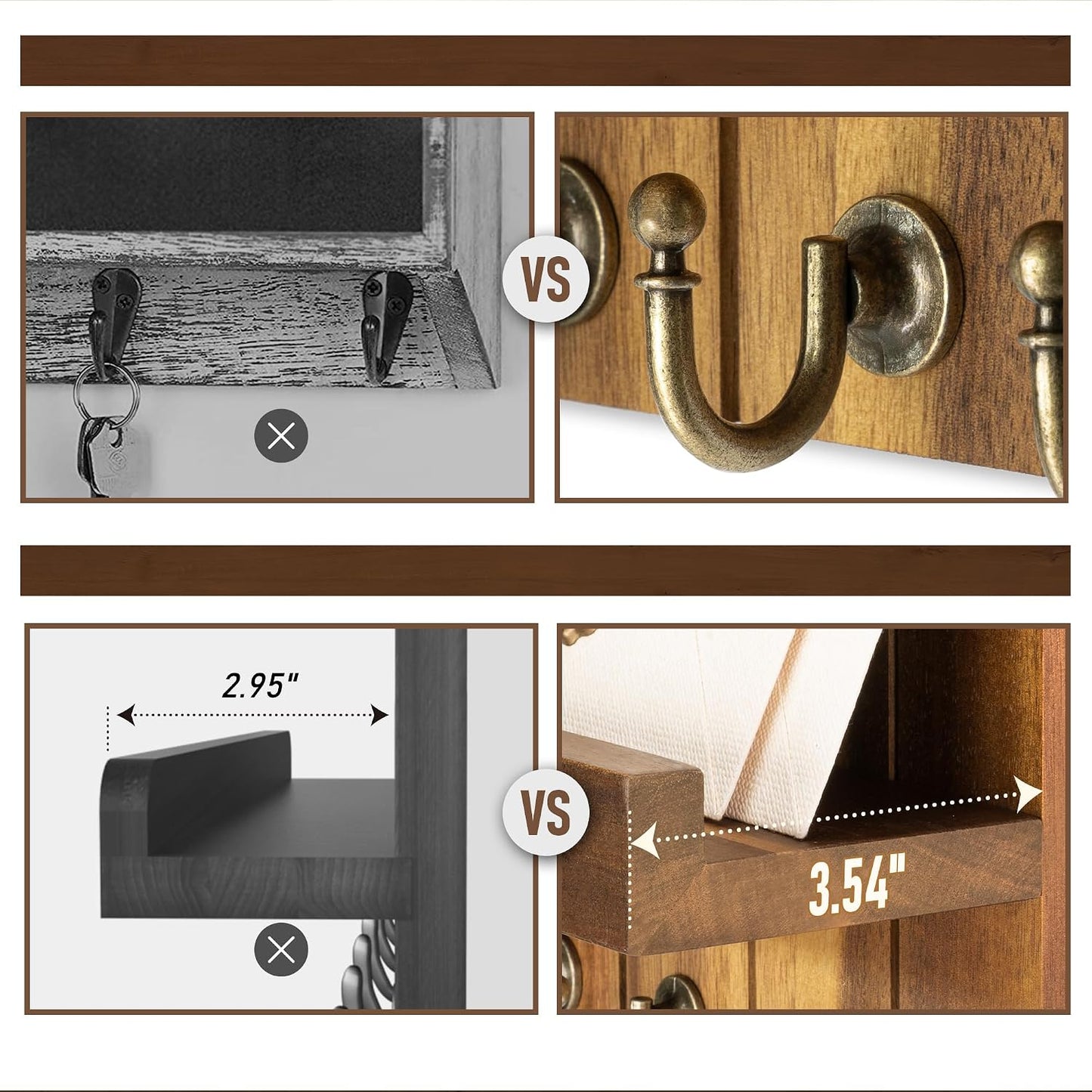 Rebee Vision Key Holder Wall Mount with 5 Key Hooks for Home Decor, Brown | 3.54'' x 10'' x 7.28'', Small Shelf for Display Plant, Key Hangers for Hat, Entryway Space-Saving Storage
