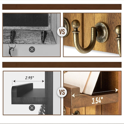 Rebee Vision Key Holder Wall Mount with 5 Key Hooks for Home Decor, Brown | 3.54'' x 10'' x 7.28'', Small Shelf for Display Plant, Key Hangers for Hat, Entryway Space-Saving Storage