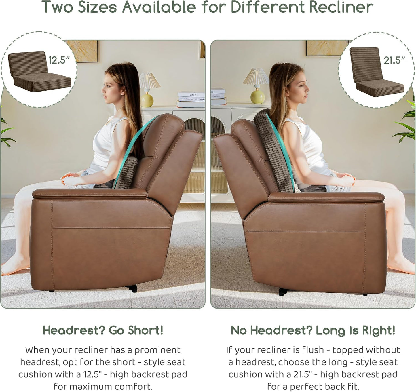 HIGOGOGO Corduroy Recliner Chair Cushion with Lumbar Support Pillow Soft Non-Slip 4" Thick Seat Pad Prevent Buttocks & Back Pain in Seniors (Beige, 12" Backrest)