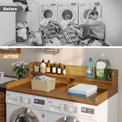 2-Tier Washer Dryer Countertop with 2.75" H Edge Rails, 54" W x 27.55" D Laundry Countertop for Folding Clothes, Washer and Dryer Topper with Non-Slip Pad (Dark Walnut)
