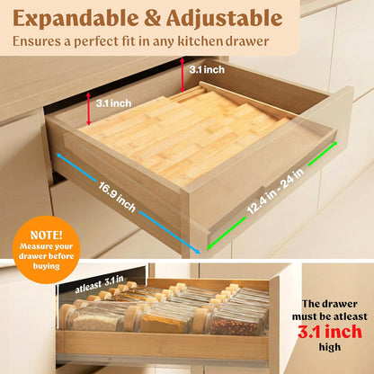 Bamboo Spice Drawer Organizer - Expandable 4 Tier Spice Rack (Need 3" Deep Drawer) 12" to 24" Wide, Seasoning Organizer, Organization Seasoning Rack insert (Jars Not Included)