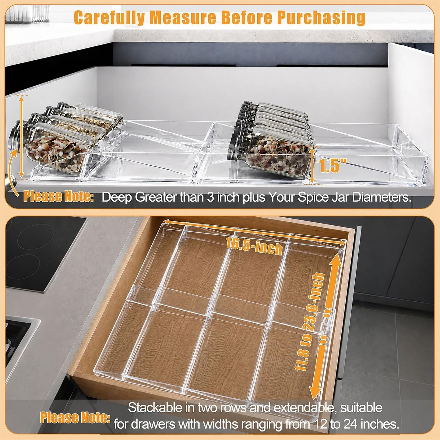 Spice Drawer Organizer,4 Tier Clear Acrylic Spice Rack for Drawer | Expandable 11.8 to 23.6,Seasoning Organizer Tray for Kitchen Drawer,Keep Spice Labels Visible and Easy to Grab,Organizer Only