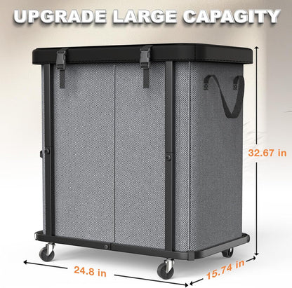 Laundry Hamper with Wheels,150L Leather Patchwork Clothes Hamper Black | Rolling Laundry Basket with Sturdy Metal Frame, Removable Washable Bag,Tall Clothes Sorter for Bedroom, Laundry Room, Dorm