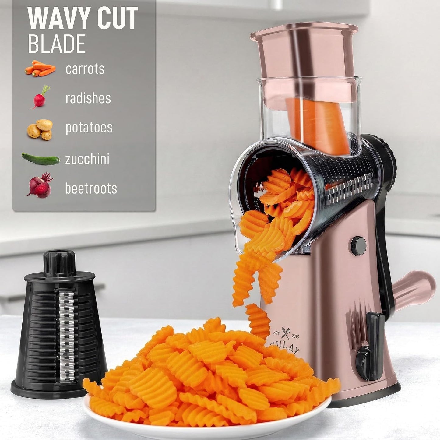Zulay Kitchen Rotary Cheese Grater 5 Blade Cheese Shredder - Manual Hand Crank Cheese Grater With Reinforced Suction & 5 Interchangeable Drums - Easy to Use, Vegetable Chopper Round Mandoline Slicer - Colors B