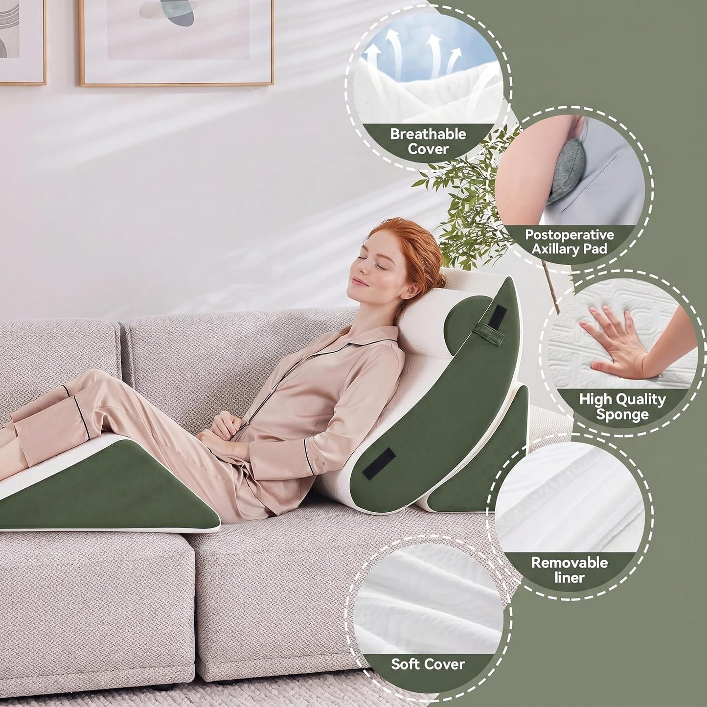 5PCS Wedge Pillow Set for After Surgery,Bed Pillow for Sleeping | Memory Foam Orthopedic Back Pillow for Pain Relief and Acid Reflux, Adjustable Sitting Up for Bed Post Surgery Pillow Green