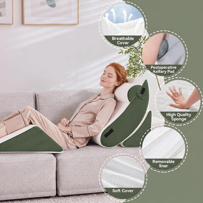 5PCS Wedge Pillow Set for After Surgery,Bed Pillow for Sleeping | Memory Foam Orthopedic Back Pillow for Pain Relief and Acid Reflux, Adjustable Sitting Up for Bed Post Surgery Pillow Green
