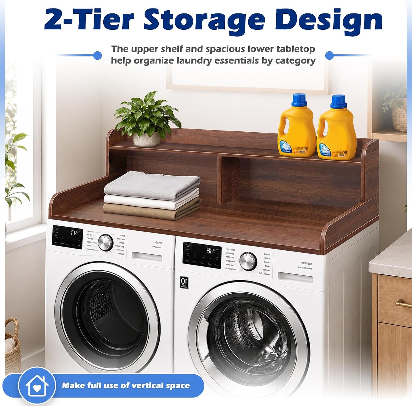 Royxen Laundry Countertop with Storage Universal Fit, Washer and Dryer Countertop with Shelf, Laundry Room Storage, 2-Tier Shelf (Oak)