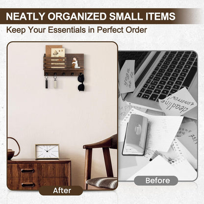 Key Holder Wall Mount, Mail Organizer for Wall with 5 Square Key Hooks | Key Holder for Wall, Key Holder with Shelf Farmhouse Home Decor for Home Entryway