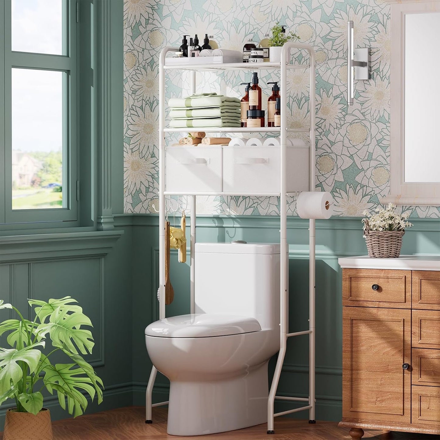 Simple Trending Over The Toilet Storage Cabinet, Metal Bathroom Shelf Organizer with Paper Holder and Hooks, 3 Tier, Black