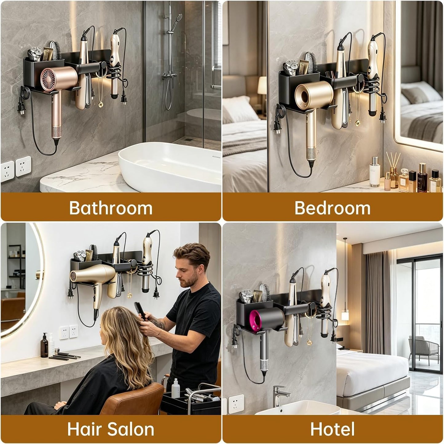 5 in 1 Hair Dryer Holder Hair Tool Organizer Metal Wall Mount (Black) | Curling iron and flat iron storage, Heavy-duty metal rack for styling tools, Cluttered countertops solution for space saving