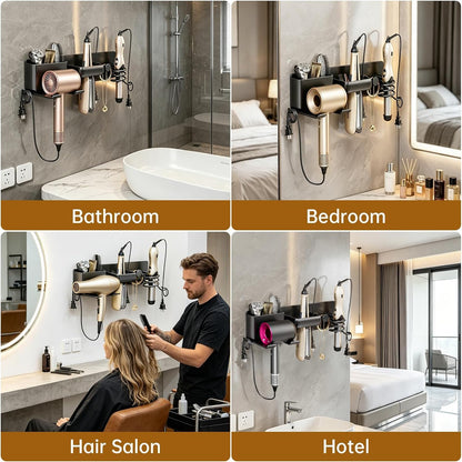 5 in 1 Hair Dryer Holder Hair Tool Organizer Metal Wall Mount (Black) | Curling iron and flat iron storage, Heavy-duty metal rack for styling tools, Cluttered countertops solution for space saving