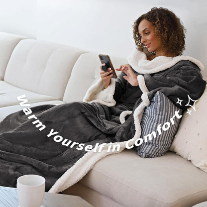 Catalonia Sherpa Wearable Blanket with Sleeves and Pocket for Adults