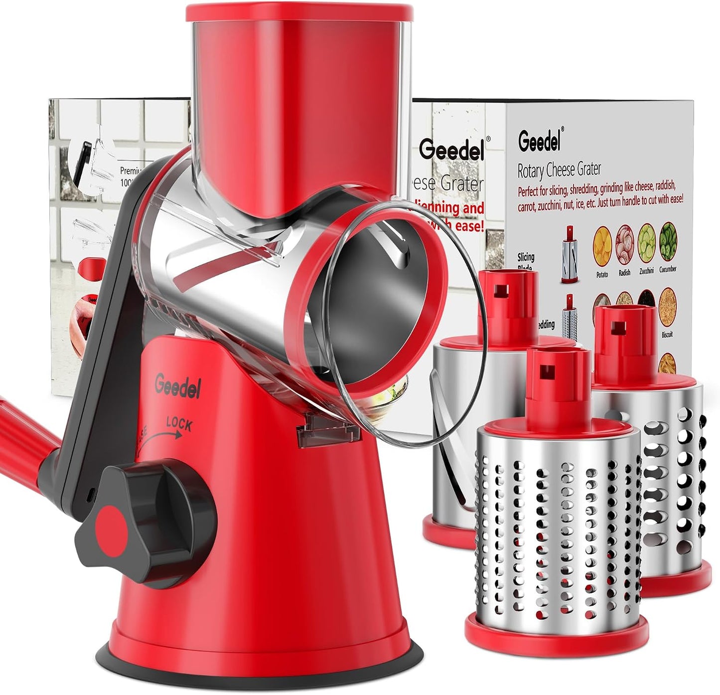 Geedel Rotary Cheese Grater, Kitchen Mandoline Vegetable Slicer with 3 Interchangeable Blades, Easy to Clean Rotary Grater Slicer for Fruit, Vegetables, Nuts | 3 Blades, 430 Stainless Steel, 12x Fast Cutting, Strong Suction Base, No BPA, Dishwasher Safe,