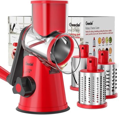 Geedel Rotary Cheese Grater, Kitchen Mandoline Vegetable Slicer with 3 Interchangeable Blades, Easy to Clean Rotary Grater Slicer for Fruit, Vegetables, Nuts | 3 Blades, 430 Stainless Steel, 12x Fast Cutting, Strong Suction Base, No BPA, Dishwasher Safe,