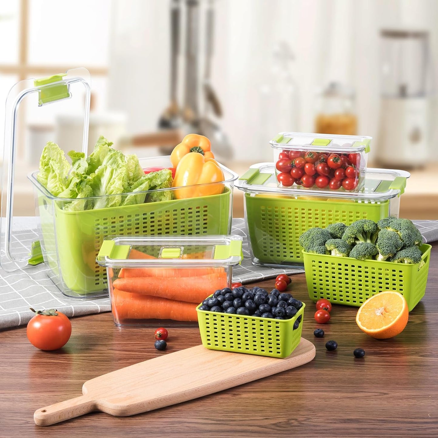 LUXEAR 4 Pack Fruit Vegetable Containers for Fridge, Produce Saver Container with Lids &Removable Colander BPA-free Refrigerator Storage Organizer for Fruit Vegetable, Berry, Meat keep Fresh Longer | BPA Free with Removable Colanders Leak-proof Fridge