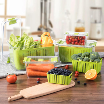 LUXEAR 4 Pack Fruit Vegetable Containers for Fridge, Produce Saver Container with Lids &Removable Colander BPA-free Refrigerator Storage Organizer for Fruit Vegetable, Berry, Meat keep Fresh Longer | BPA Free with Removable Colanders Leak-proof Fridge