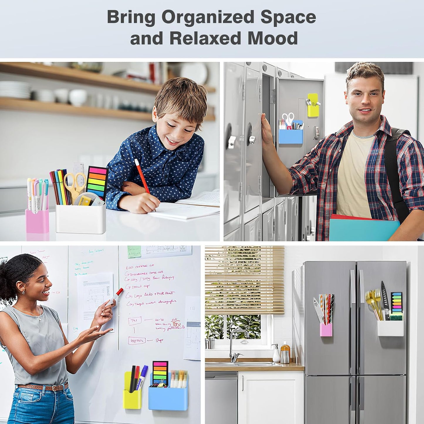 MoKo Magnetic Pen Holder, Pencil Accessories Whiteboard Organizer, White | Magnetic dry erase marker holder has two compartments and an ABS body for whiteboards, refrigerators and lockers.