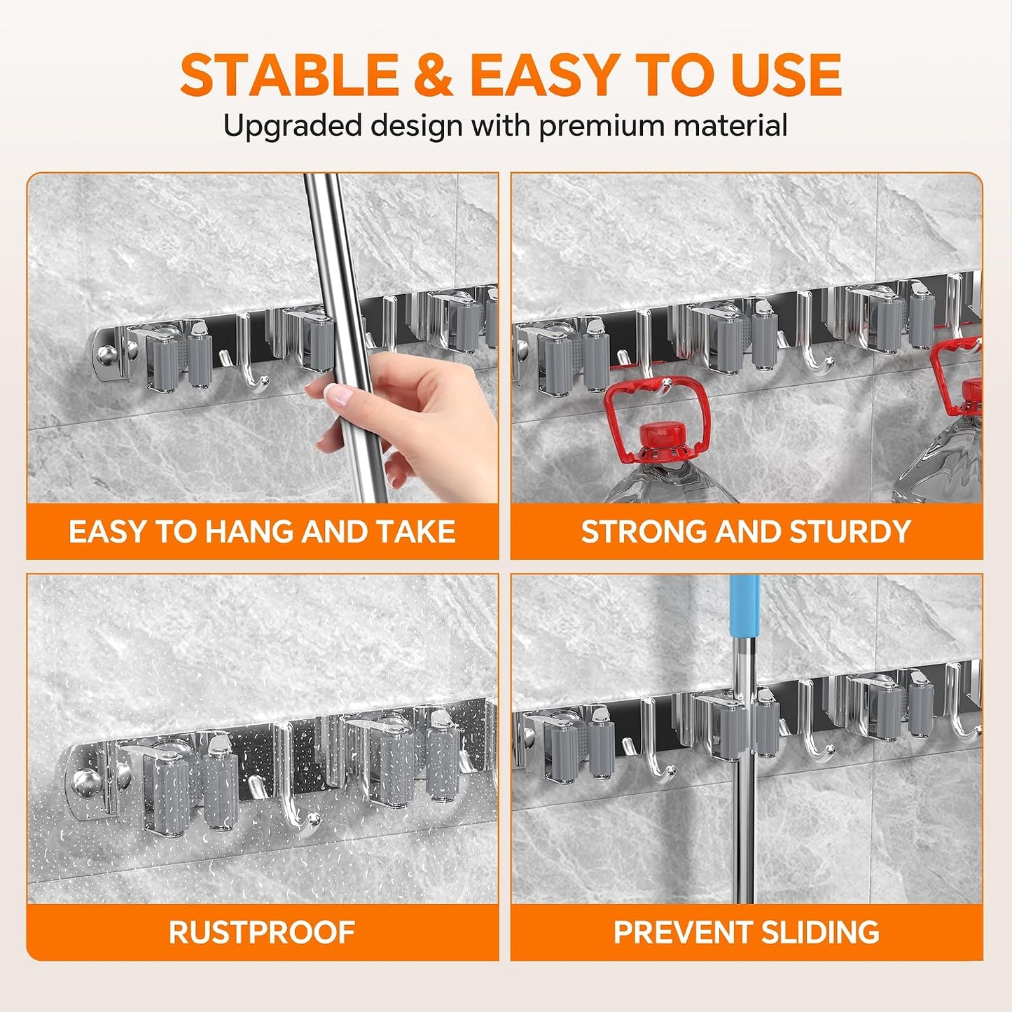 4 Pack Stainless Steel Mop and Broom Holder Wall Mount with Hook, Silver | Screw Drilling or Self Adhesive Storage Rack for Closet Laundry Garage Garden Tool Organizer