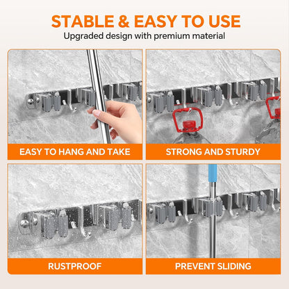 4 Pack Stainless Steel Mop and Broom Holder Wall Mount with Hook, Silver | Screw Drilling or Self Adhesive Storage Rack for Closet Laundry Garage Garden Tool Organizer