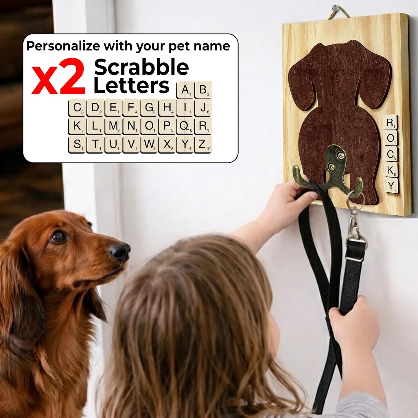 Dog Leash Holder Wall Mount, Pet Harness Hanger with Scrabble Letters, Dog Collar Organizer for Entryway, Memorial Cat Leash Holder for Wall, Pet Loss Gifts, Keepsake, Home Decor PF212-NAT