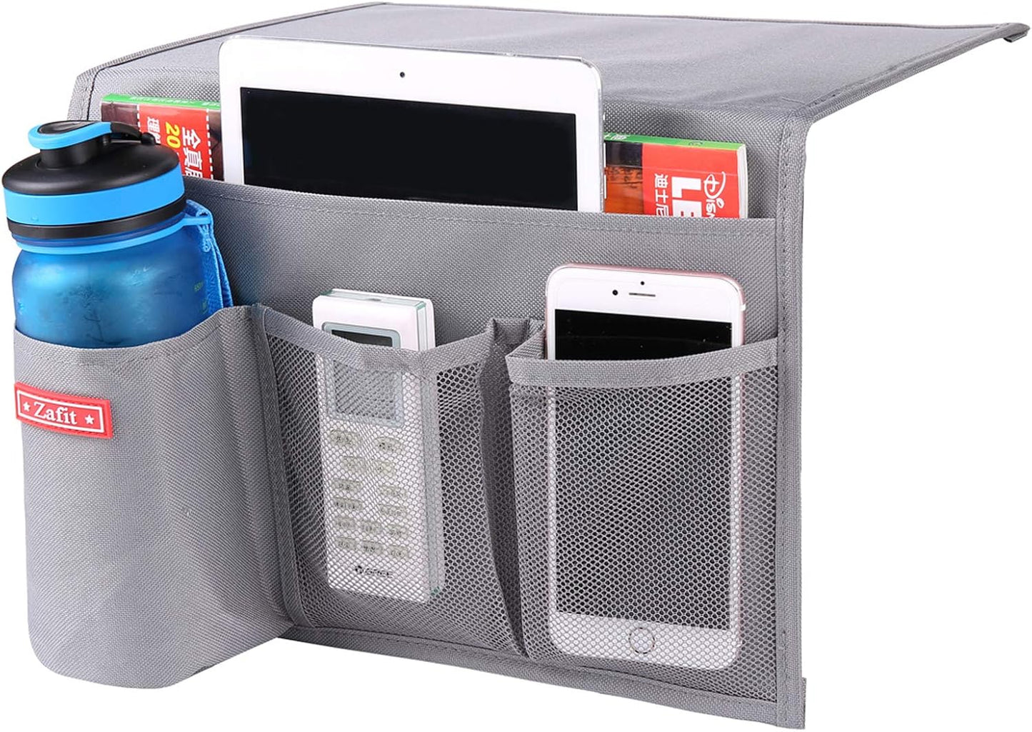 Zafit 5 Pockets Bedside Caddy, Bedside Storage Organizer for Water Bottles, Magazines, Phone, Glasses (5 Pockets-Grey)