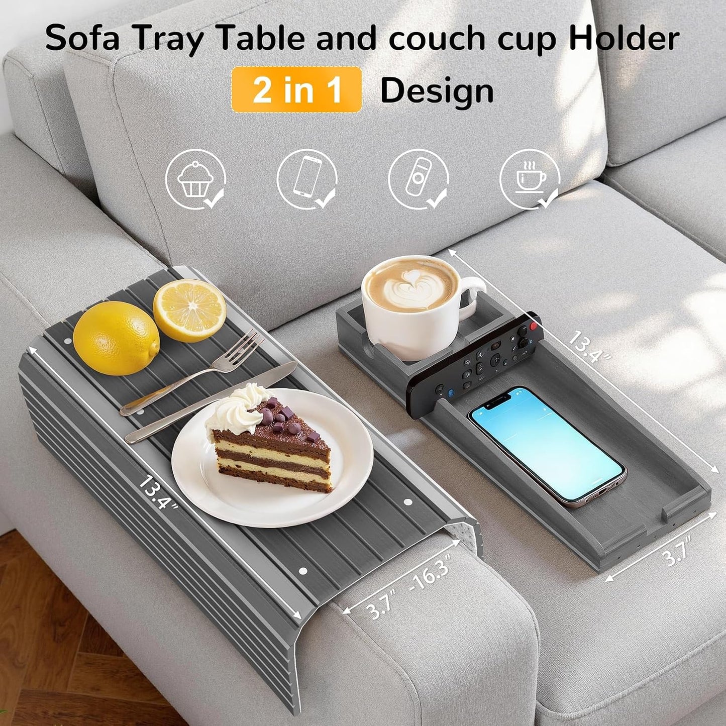 Korser Couch Armrest Table, Sofa Arm Tray with Removable Cup Holder, 2 in 1 Anti-Slip Armrest Tray Table for Couch, Bamboo Foldable Couch Cup Holder for Drinks Snacks Phone Remote Control