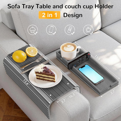 Korser Couch Armrest Table, Sofa Arm Tray with Removable Cup Holder, 2 in 1 Anti-Slip Armrest Tray Table for Couch, Bamboo Foldable Couch Cup Holder for Drinks Snacks Phone Remote Control