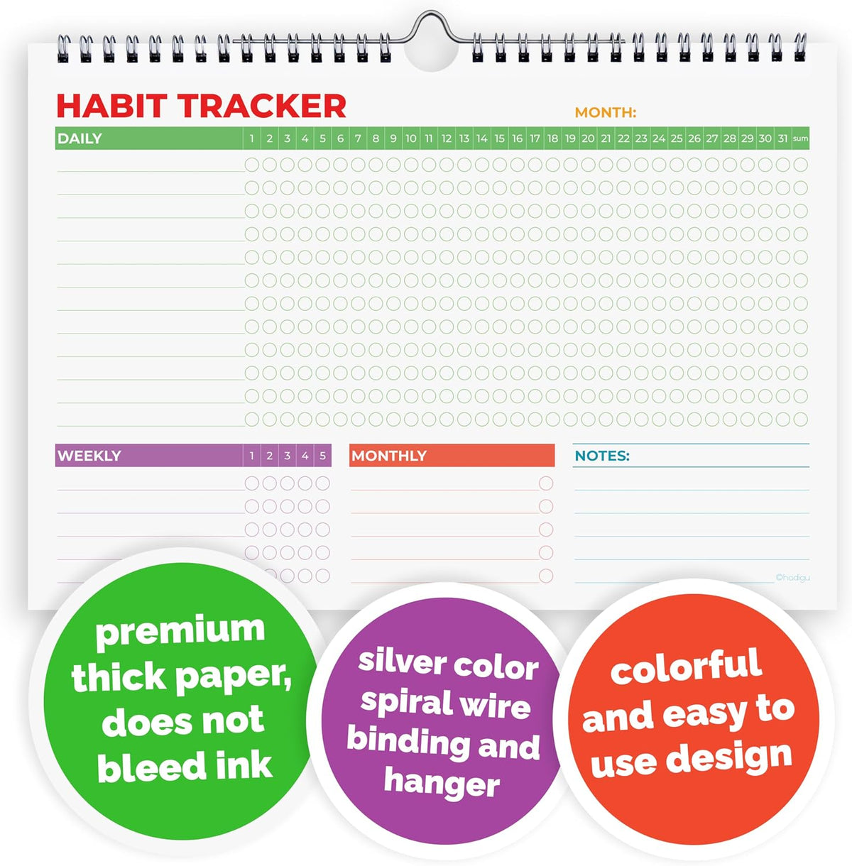 Hadigu Habit Tracker Calendar (Undated 12 Month) with Spiral Bound and Hanger, A4 size (8.3"x11.7"), Habit Planner, Daily Weekly and Monthly Tracker, Colorful Layout