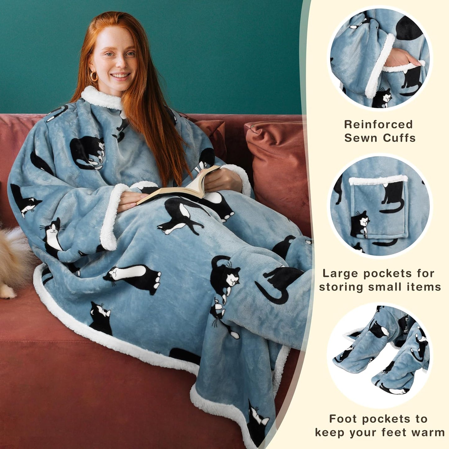 Catalonia Wearable Blanket with Sleeves & Foot Pocket for Adults | Soft Fleece Throw Wrap with Hands-Free Comfort, Perfect for Reading, TV Time & Relaxing, Christmas Gift for Women & Men