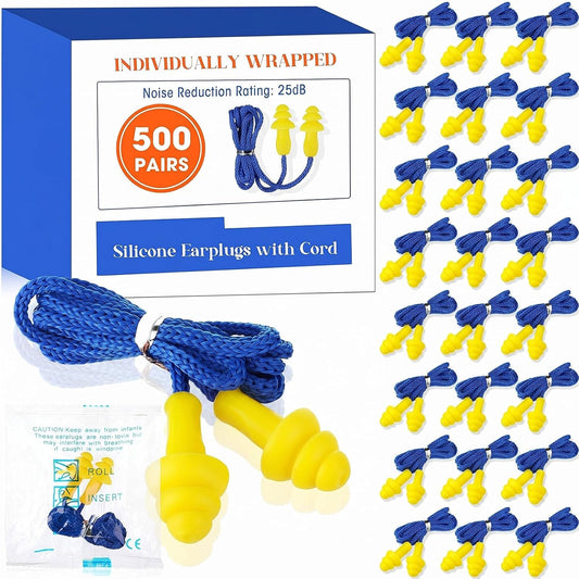 Relaxweex 500 Pairs Corded Ear Plugs Bulk 25dB NRR with String,Blue Yellow