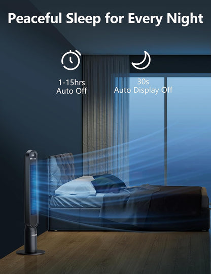 VAGKRI Tower Fan for Bedroom, 42 Inch Quiet Floor Fan with 135° Vertical 90°Oscillation Fans for Indoors, 4 Modes, 4 Speeds, 15H Timers Standing Bladeless Fans with Remote Black