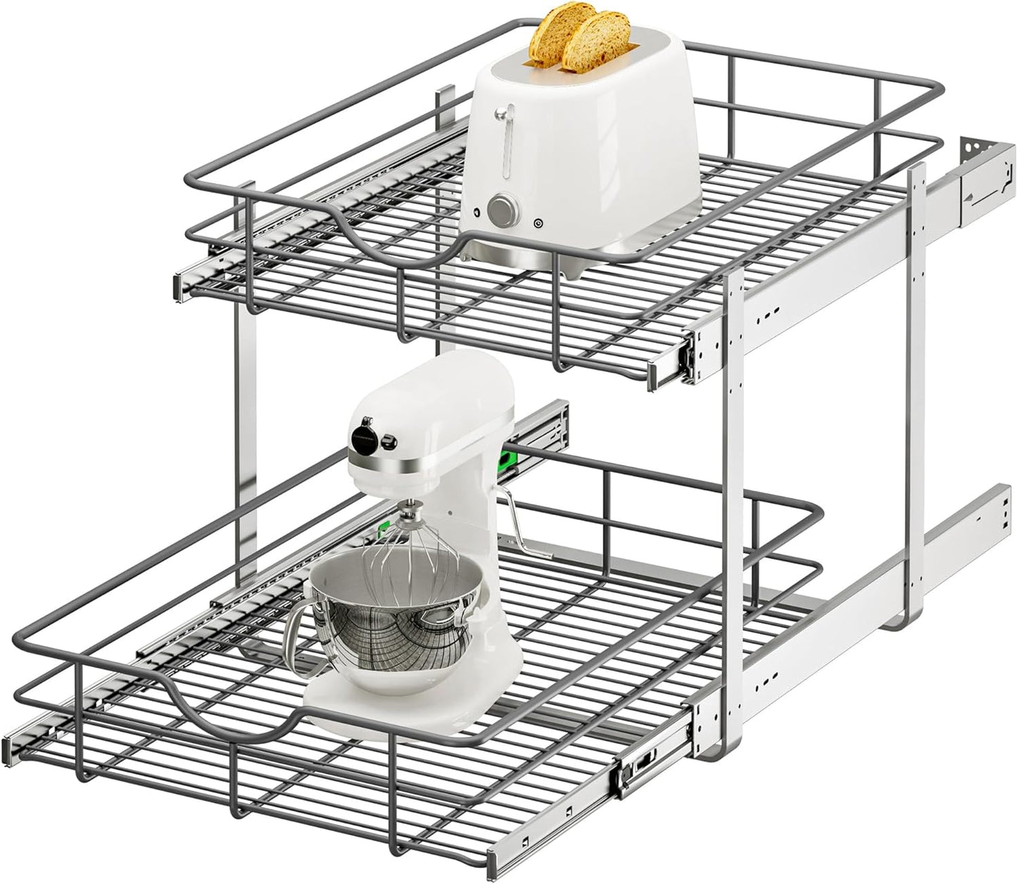 2 Tier Pull Out Cabinet Organizer - 20" W x 22" D Soft Close Slide Out Shelves with Shelf Liners - Pullout Drawers for Kitchen Cabinets, Pantry, Bathroom, Heavy Duty Steel Wire Baskets
