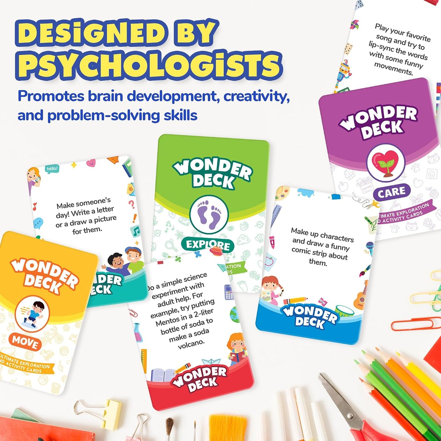 ThinkPsych WonderDeck - 154 Independent Activities for Kids | Educational Card Deck | STEM - Science, Creative Arts & Movement Play | Gift for Boys & Girls | Boredom Buster