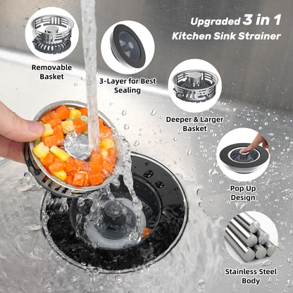 Hibbent 3 in 1 Kitchen Sink Drain Strainer, Metal Pop Up Stopper | Larger Anti-Clogging Basket, 3-Layer Seal, Detachable Sink Drain Plug for US Standard 3-1/2" Drain, Brushed Stainless Steel