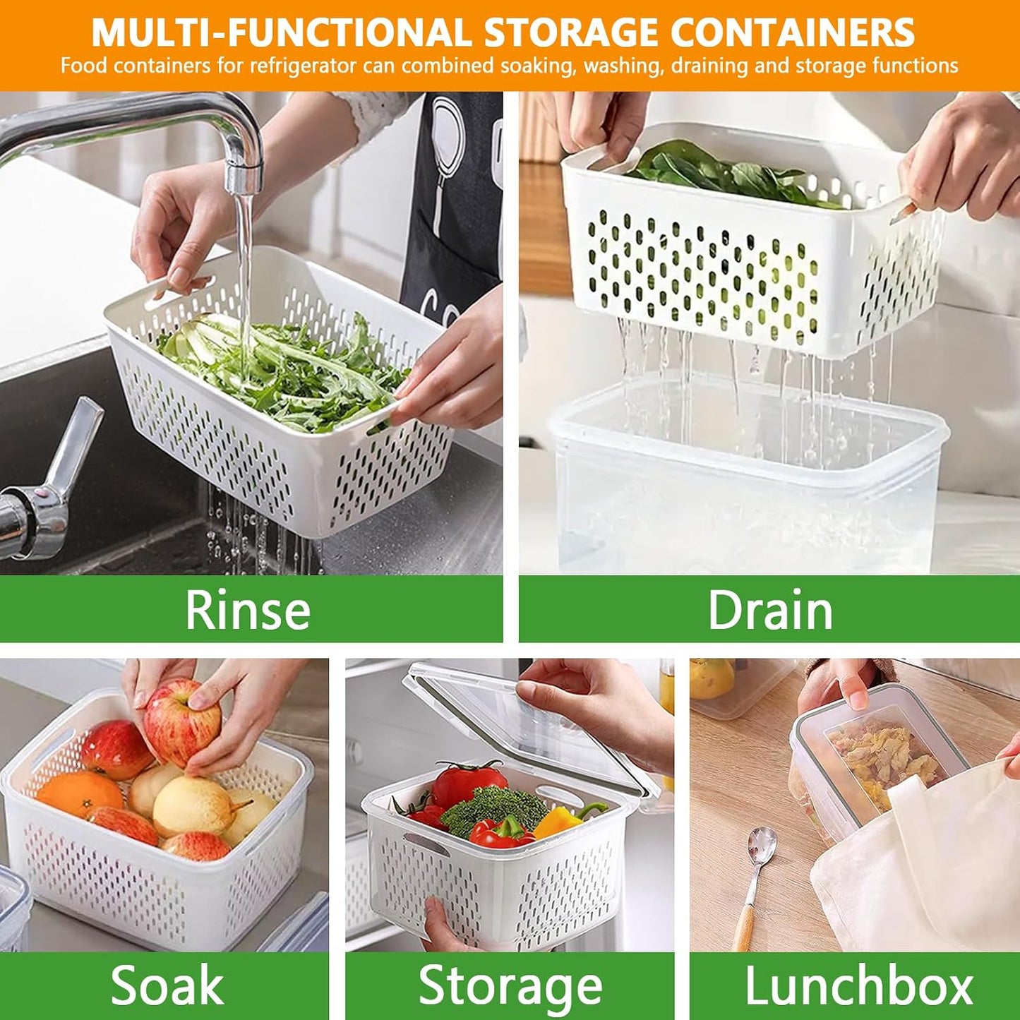 5 PCS Fruit Storage Containers for Fridge, Leakproof Food Storage Containers with Removable Colander, Dishwasher & Microwave Safe, Produce Saver Container Keep Berry Fruit Vegetable Fresh Longer