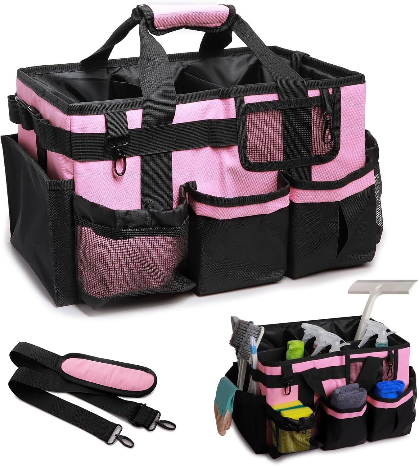 Large Wearable Cleaning Caddy Bags, Cleaning Supplies Organizer with Adjustable Shoulder Straps & Divider, 14 inch Black Tool Bag for Housekeepers & Cleaners