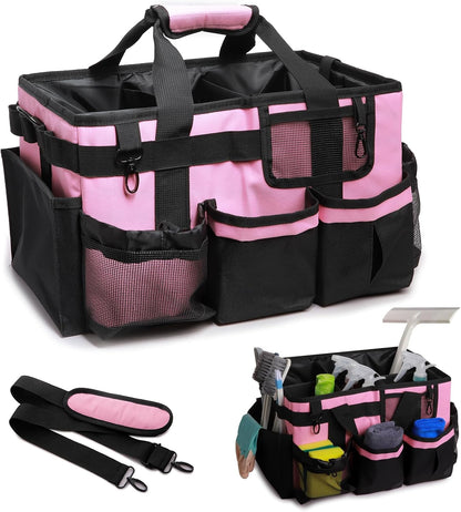 Large Wearable Cleaning Caddy Bags, Cleaning Supplies Organizer with Adjustable Shoulder Straps & Divider, 14 inch Black Tool Bag for Housekeepers & Cleaners