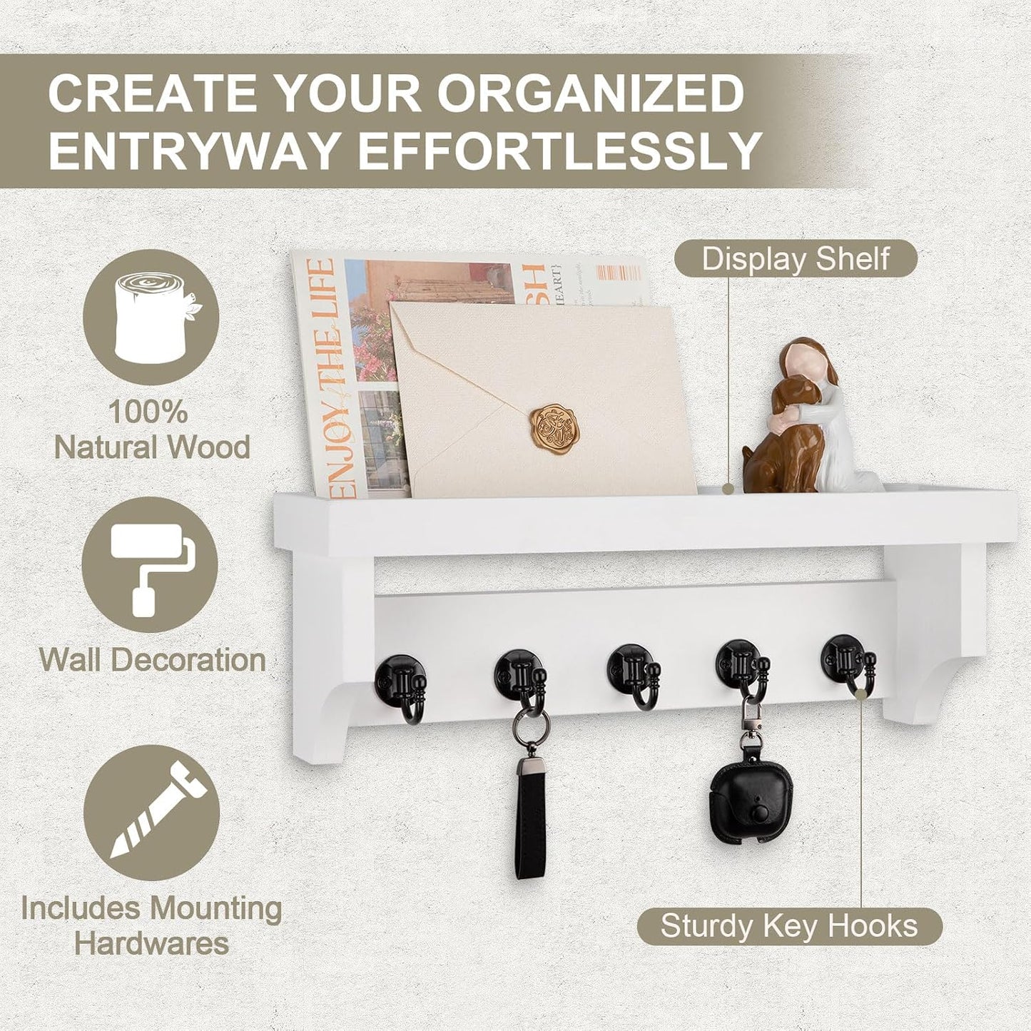 Key and Mail Holder Wall Mount, Mail Organizer with 5 Key Hooks | Key Holder with Shelf, Key Holder for Coat, Dog Leash, Home Decor Rack, Entry Way Organizer