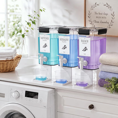 Soaoo 3 Set 87 oz Liquid Laundry Detergent Dispenser with Faucet and Cup Holder Labels Plastic Fabric Softener Container Detergent Drip Catcher for Laundry Room Washing Soap